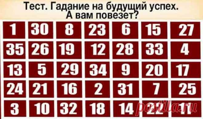 Тест. Гадание на будущий успех. А вам повезет?
Тест. Гадание на будущий успех. А вам повезет?Супер! У меня все сбылось! Просто поразительно!!!😁😁👌👌 Сегодня мы предлагаем вам узнать свое будущее с помощью этого быстрого теста. Все, что вам потребуется – сконцентрироваться, закрыть глаза, подумать о желаемом успехе и ткнуть пальцем в предложенную вам таблицу на мониторе. То число, которое вам выпало, и есть ваше […]