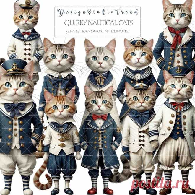 Quirky Nautical Cat Paper Doll Clipart Kit - 34 pcs Printable Set Junk Journals and Crafts - High Quality Transparent - Commercial Use Available for order here: https://www.etsy.com/listing/1841693885
