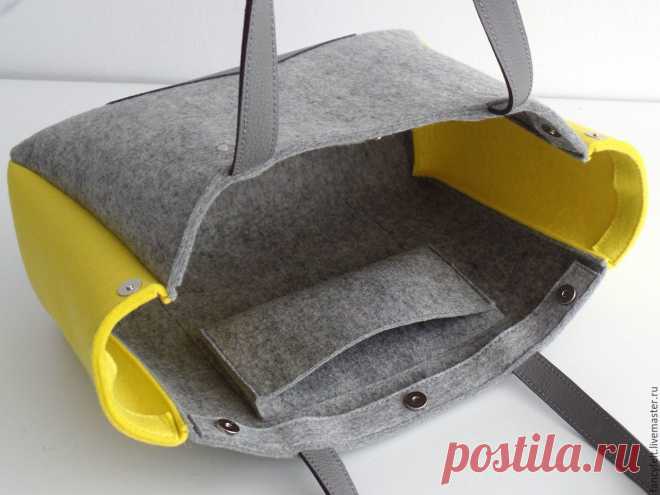 Женские сумки ручной работы. Серо-желтая сумка из фетра и натуральной кожи. Fancyfelt. Ярмарка Мастеров. Сумка для ноутбука
