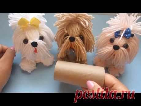 Cachorrinho feito com rolo de papel higiênico + lã