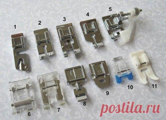 Как разобраться в швейных лапках 
=====================
1. Лапка для подрубки края ткани и ракушечного шва. Имеет направляющую для создания узкого подгиба. В комплекте со строчкой зиг-заг позволяет создавать декоративный буф по краю изделия. Предназначена для работы на тонких тканях.
Подгибка кромок предотвращает края ткани от осыпания и благодаря лапке получается красивый, прочный шов. Этой лапкой можно обрабатывать края шарфов, платков, одежды и изделий домашнего декора из лёгких материалов бе