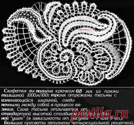 Вязание крючком - Брюггское кружево (Брюссельское) ~ нежная салфетка из тесьмы разной ширины.