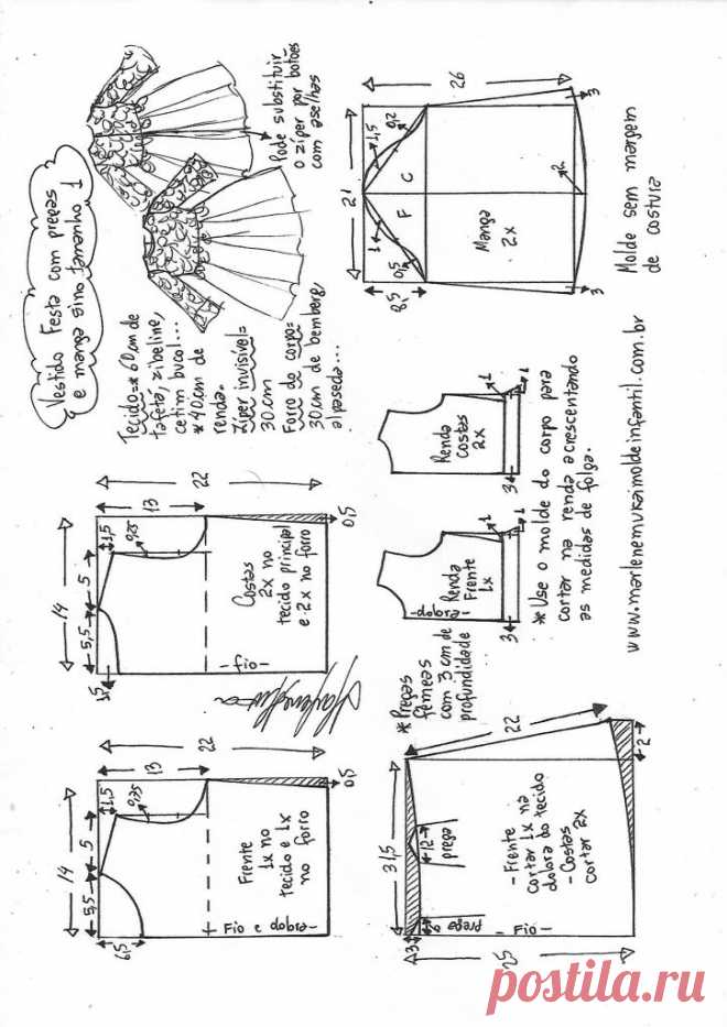 Vestido festa pregueado com manga sino – DIY- marlene mukai – molde infantil