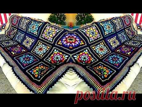 كروشيه مفرش سرير جديد وحصرى تحفه فنيه How To Crochet A Stained Glass Granny Square-Cathedral Windows