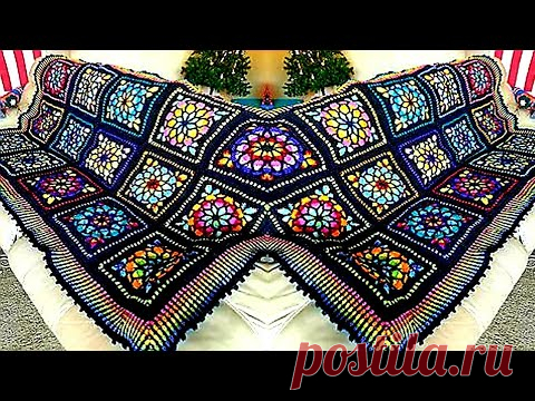 كروشيه مفرش سرير جديد وحصرى تحفه فنيه How To Crochet A Stained Glass Granny Square-Cathedral Windows