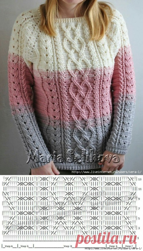 Пуловер с аранами крючком