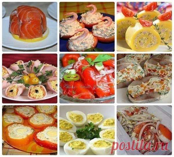 Бесподобные закуски для праздничного стола!!! 

1. Закусочка вкусная. 
Ингредиенты: 
Свежие помидоры - 0,5 кг. или 4 средние 
Лук репчатый - 1 головка 
Для маринада: 
4 ложки растительного масла 
2 ст. л. лимонного сока 
1 ч. ложка сушеного базилика 
1 ч. ложка меда 
3 зубчика чеснока 
на кончике ножа - соль. 
Красный молотый перец(я взяла 1 маленький засушенный стручок) 
Приготовление: 
Помидоры нарезать кружочками, лук - полукольцами 
Приготовить маринад - чеснок мелко и...