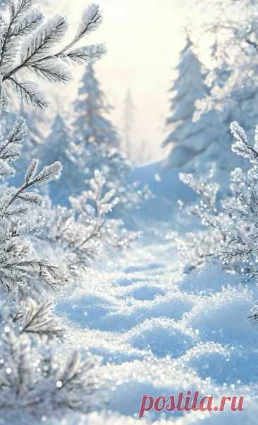 snow covered trees and bushes with the sun shining through them in the distance on a snowy day