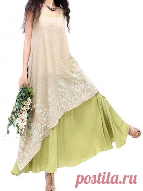 Women Elegant Lace Embroidery Linen High Low Maxi Dress at Banggood