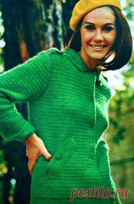 Green knit cardigan and yellow beret
