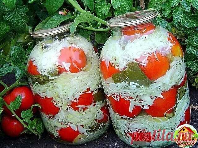 Маринованные помидоры с капустой на зиму
Нам понадобится:
• 1 кг капусты;
• 2 шт. перец сладкий;
• 1 кг помидоров;
• 2 шт. лук.
Для маринада:
• 100 г сахара,  
• 250 мл уксуса,  
• перец черный и  
• душистый в горошек,  
• 50 г соли.
Как приготовить:
Сорта томатов выбираем хорошие, упругие с тонкой кожицей и мясистые. Помидоры тщательно промываем и нарезаем дольками, капусту шинкуем, кочаны удаляем, перец болгарский очищаем от семечек и режим соломкой.  
Лук репчатый наре...
