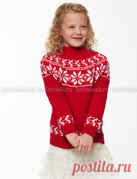 Свитер спицами для девочки со снежинками на knitweek.ru