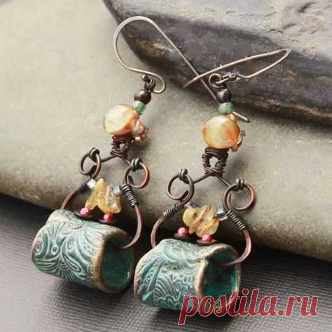 Turkish Delight. Earrings of Tribal Macaroni, Lampwork Glass, Citrine, Steel and Copper