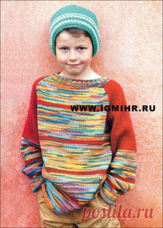 Пестрый пуловер-реглан и шапочка для мальчика (юноши). Спицы и Крючок