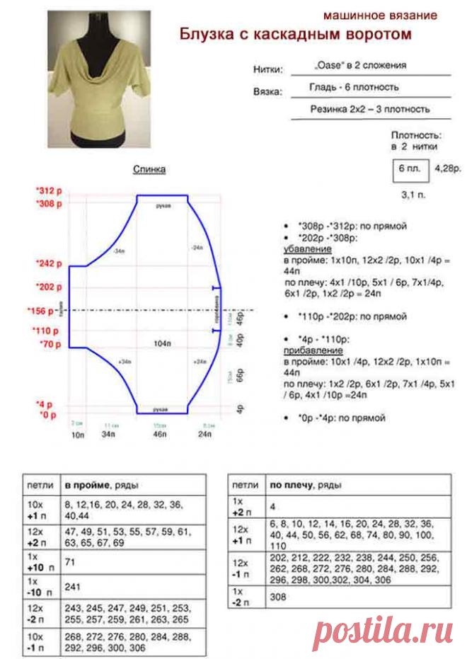 Блузка с каскадным воротом на вязальной машине