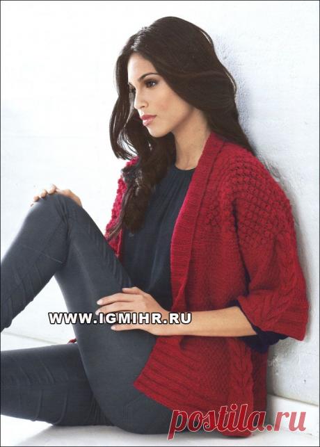 Микс выразительных узоров. Жакет темно-красного цвета, от Lana Grossa. Спицы.