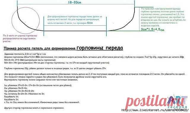 Расчет петель для формирования горловины - универсальный метод. 
КАК      СВЯЗАТЬ     ГОРЛОВИНУ ТАК, ЧТОБЫ И ЧЕРЕЗ ГОЛОВУ ПРОЛЕЗАЛА, И НА ШЕЕ НЕ БОЛТАЛАСЬ, И КРАСИВОЙ КРУГЛОЙ ФОРМЫ БЫЛА? 
 
Для этого есть простой алгоритм. 
Он настолько универсален, что его можно использовать при расчете петель для вязания горловины как взрослой, так и детской одежды из различных видов пряжи. 
 
Данный    расчет       приведен для формирования классической круглой горловины. 
Но вы можете ...