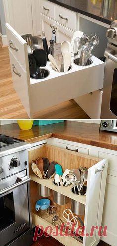 Build a pull-out utensil bin to avoid clutter on your countertop and be able to reach them more easily.
