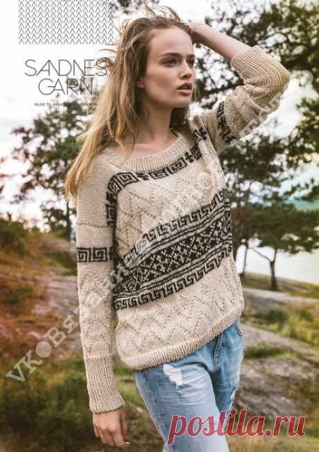 Пуловер с жаккардовым и теневым узорами

Размер: (XS) S (M) L (XL) XXL-XXXL
ОГ: (90) 96 (102) 108 (120) 132 см
Полная длина: (54) 54 (55) 55 (56) 56 см
Длина рукава: (46) 45 (43) 42 (41) 40 см или желаемой длины

Пряжа:
LINE (53% хлопок, 33% вискоза, 14% лен, 50 грамм = около 110 метров)
TWEED (40% детская альпапка, 32% вискоза, 20% полиамид, 8%
мериносовая шерсть, 50 грамм = около 150 метров)

20п чулочной вязкой спицами № 4 = 10 см

Вязание начинается снизу- перед и спин...