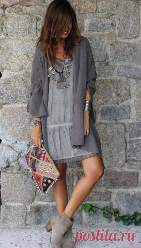 Grey Boho Shift Mini Dress