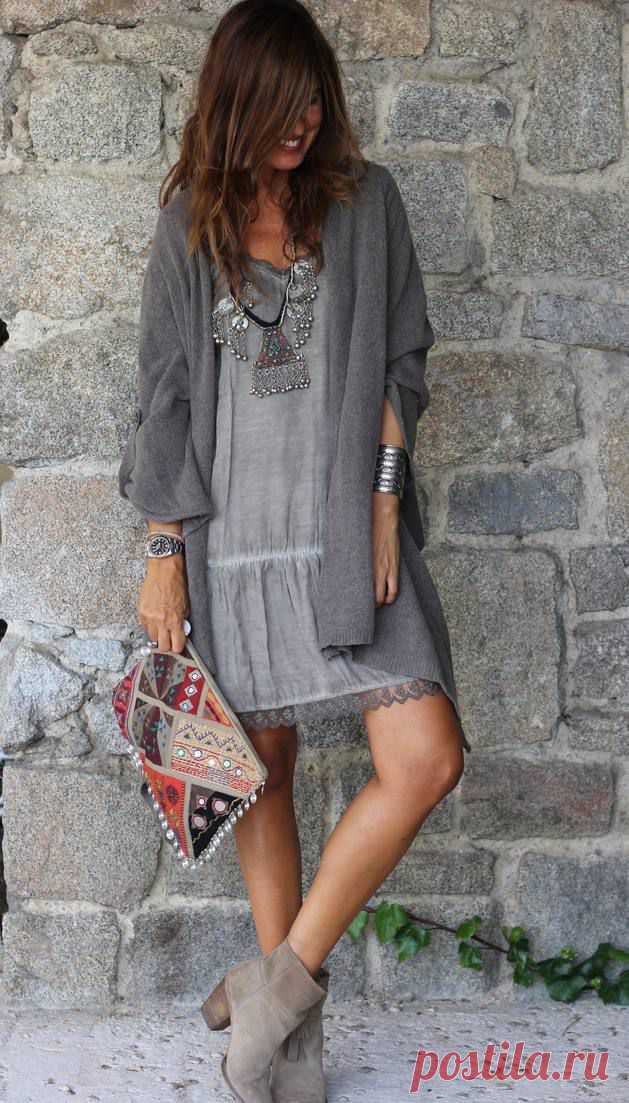 Grey Boho Shift Mini Dress