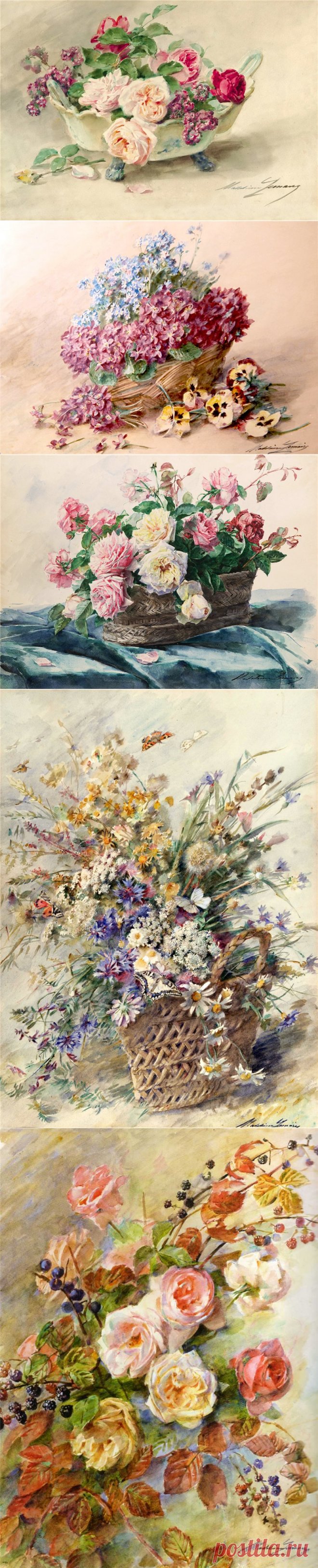 Цветочное... Madeleine Jeanne Lemaire (French, 1845-1928). Современники называли Мадлен — Императрицей роз. Да, она писала просто потрясающие акварельные натюрморты. А ещё были портреты и жанровые сцены.