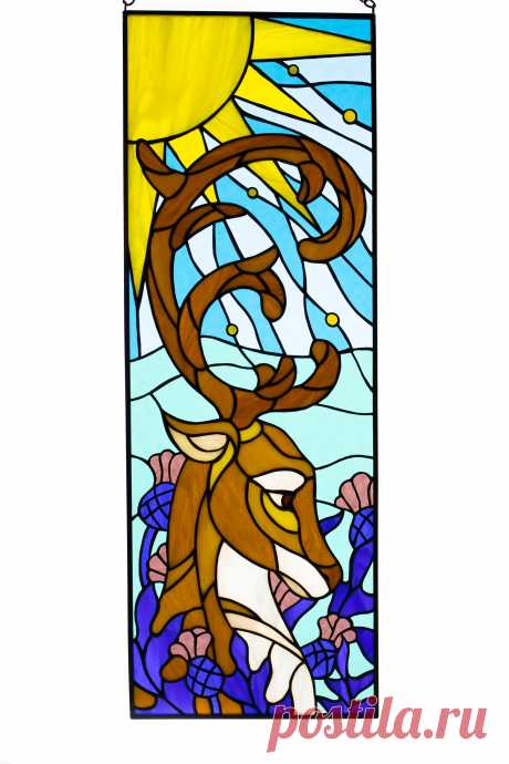 Stained glass panel Deer in thistle stained glass window hanging panel Window hanging panel made of stained glass pieces by my own disign.Handmade using Tiffany copper foil technique.Looks amazing in the lights of a sun.Framed with brass profile.You will get it completely ready for installation. It comes with a transparent self-adhesive hook and chain.It will be a great gift for friends o