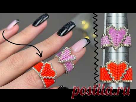 Beaded ring with a 3D heart. Brick + Peyote stitch tutorial ♥️