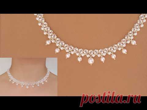 Classic White Pearl and Crystal Beaded Necklace. DIY Wedding Jewelry. Beading Tutorial 白珍珠串珠项链