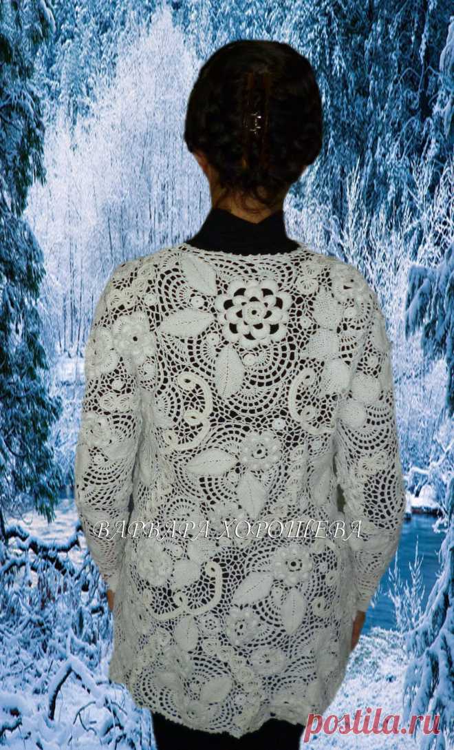 Кардиган "Сад снежной королевы". 
Авторская модель, выполненная крючком из хлопковой и хлопково-вискозной пряжи. Точное повторение невозможно. Сделаем похожую в любом цвете и размере. Такой кардиган будет отличным дополнением к маленькому черному платью, сделает Вас неповторимой на любой вечеринке.