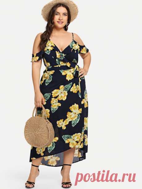 Цветочная печать Ruffle Cold Shoulder Surplice Wrap Dress