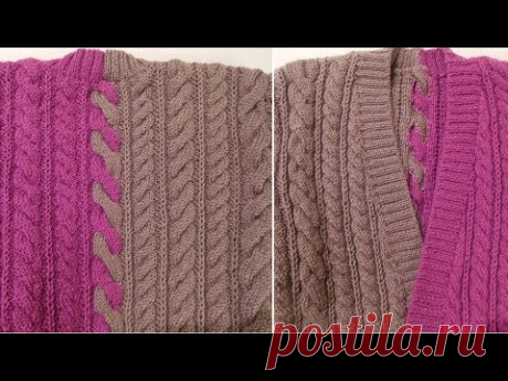 Двухцветный кардиган с косами