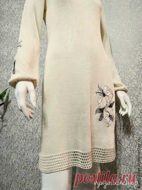 Вязаное шелковое  платье с вышивкой &quot;Лилии&quot; - белый,рисунок,платье,платье вязаное