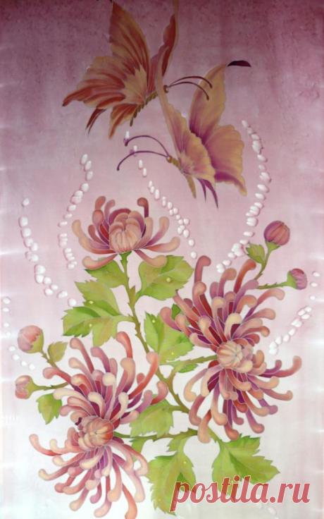 Батик , мои открытия при росписи фона.Советы мастера.Хризантемы и бабочки.