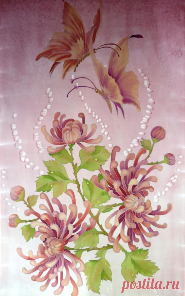 Батик , мои открытия при росписи фона.Советы мастера.Хризантемы и бабочки.