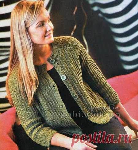 женский зеленый жакет реглан вязаный спицами