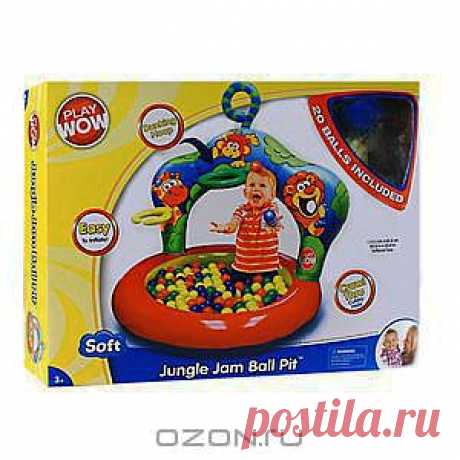 Детский надувной бассейн Play Wow Джунгли идеально подойдет для детских игр, как в комнате, так и на улице. Бассейн оснащен стойкой, с изображенными на ней львенком, жирафиком и обезьянкой, тремя кольцами и одним отверстием для забрасывания мячиков. В комплект входят 20 ярких мячиков красного, желтого, голубого и зеленого цветов. 
Оригинальный дизайн бассейна сделает его не только незаменимым атрибутом детских игр, но и оригинальным украшением детской комнаты.