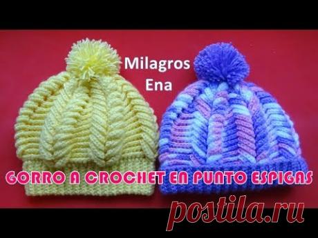 Gorro tejido a crochet o ganchillo en punto Espigas 3D paso a paso español