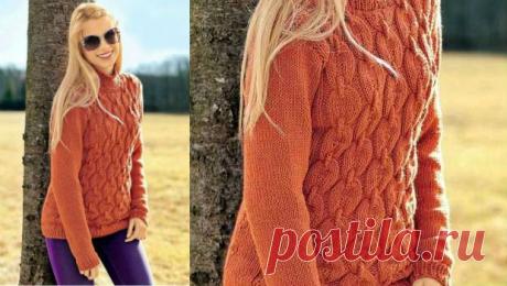 Вязание спицами: Пуловер с косами и зигзагами.