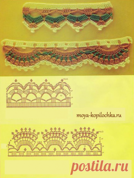 42 образца вязаного кружева со схемами для отделки края изделия