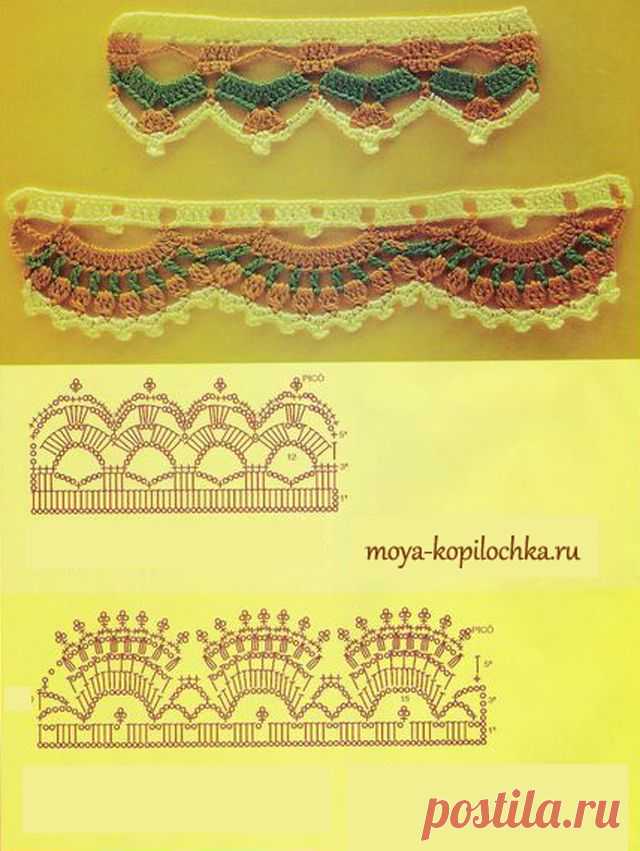 42 образца вязаного кружева со схемами для отделки края изделия