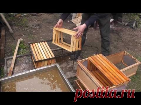 дезинфекция рамок раствором каустической соды на пасеке Берендея