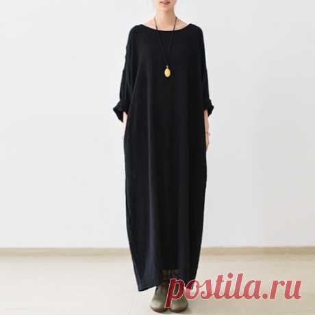 2016 fall thin black linen dresses long sleeve linen caftans gown - Maxi Dress - Spring dresses