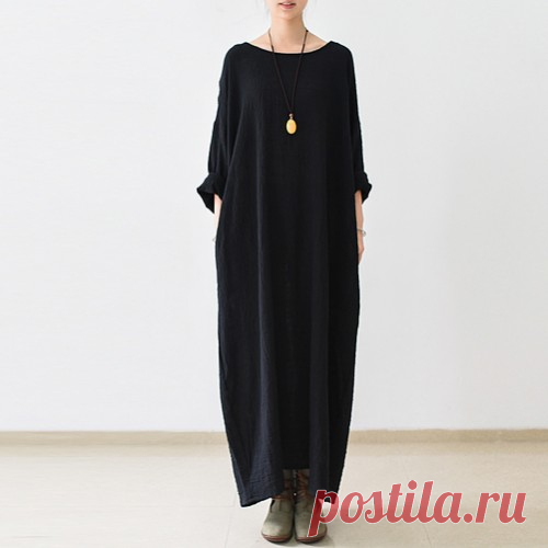 2016 fall thin black linen dresses long sleeve linen caftans gown - Maxi Dress - Spring dresses