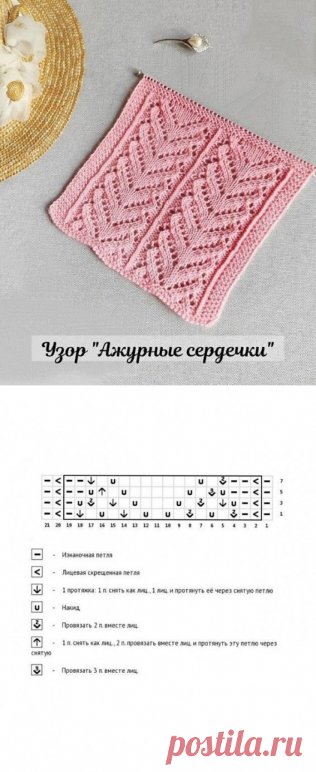 Узор "Сердечки", вяжем спицами