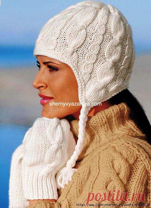 ШАПОЧКА С УШКАМИ И ВАРЕЖКИ С УЗОРОМ КОСА.