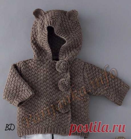 Курточка с капюшоном для малыша.

Курточка с капюшоном (д) 34*74 (Фильдар)
Размеры 1) 3 месяца - 2) 6 месяцев - 3) 12 месяцев - 4) 18 месяцев - 5) 24 месяца
Нитки QUIЕTUDE (50 г. / 90м.) цвет OURSON 1) 2) 5 - 3) 4) 6 - 5) 7 мотков
Состав модели: 50 % Камвольная шерсть, 50 % Акрил
Материалы
Спицы № 3,5 и № 4 
1 игла для шерсти
Кольца маркеры
Булавка
3 кнопки диам. 17 мм
1 комплект помпонов
Вязки
Резинка 1 х 1
Шахматка 2 х 2:
Число п. для симметрии: кратное 4 + 2.
1-ый р. (л...