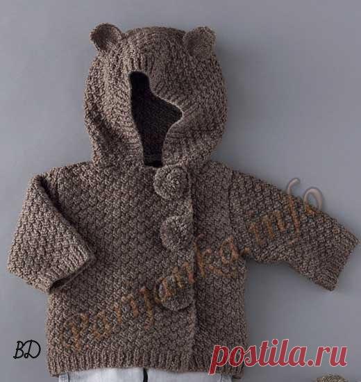 Курточка с капюшоном для малыша.

Курточка с капюшоном (д) 34*74 (Фильдар)
Размеры 1) 3 месяца - 2) 6 месяцев - 3) 12 месяцев - 4) 18 месяцев - 5) 24 месяца
Нитки QUIЕTUDE (50 г. / 90м.) цвет OURSON 1) 2) 5 - 3) 4) 6 - 5) 7 мотков
Состав модели: 50 % Камвольная шерсть, 50 % Акрил
Материалы
Спицы № 3,5 и № 4 
1 игла для шерсти
Кольца маркеры
Булавка
3 кнопки диам. 17 мм
1 комплект помпонов
Вязки
Резинка 1 х 1
Шахматка 2 х 2:
Число п. для симметрии: кратное 4 + 2.
1-ый р. (л...