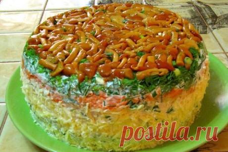 Слоеный салат «Лукошко» с грибами и мясом Мясные салаты не только очень вкусные, но и сытные. Можно проявить кулинарную фантазию, заменить отдельные ингредиенты и, в результате, получить новое