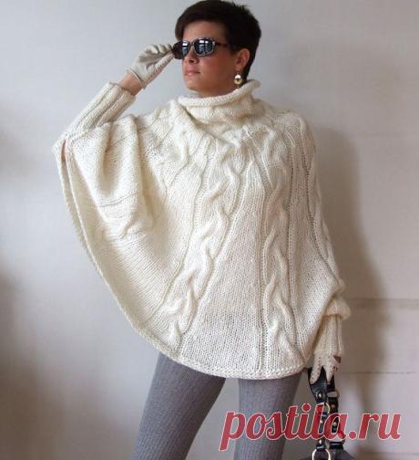Hand knitted poncho braided cape sweater,fall fashion cabled poncho, avant garde…